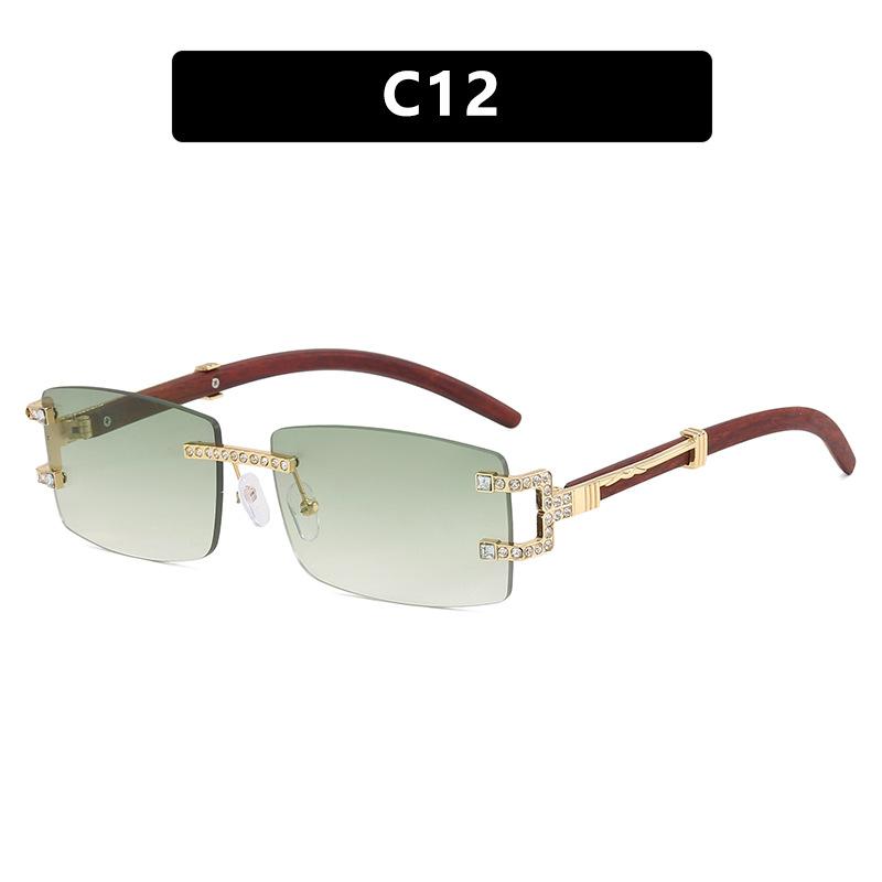 Unisex Rectangle Rimless Women Wood Leg Luxury Brand Designer Trendy Retro Frameless Sun Glasses UV400
