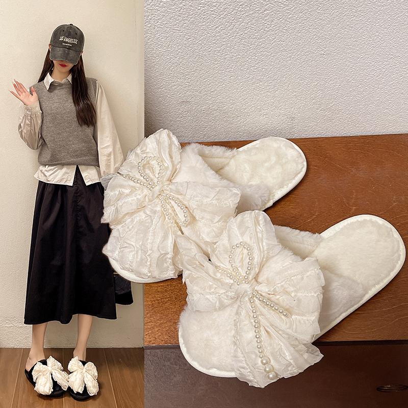 Fashion 2024 Winter Bow Ladies Home Slippers Casual Cute Comfortable Baotou Flat Slippers Fashionable Soft Women's Shoes Chanclas Mujer