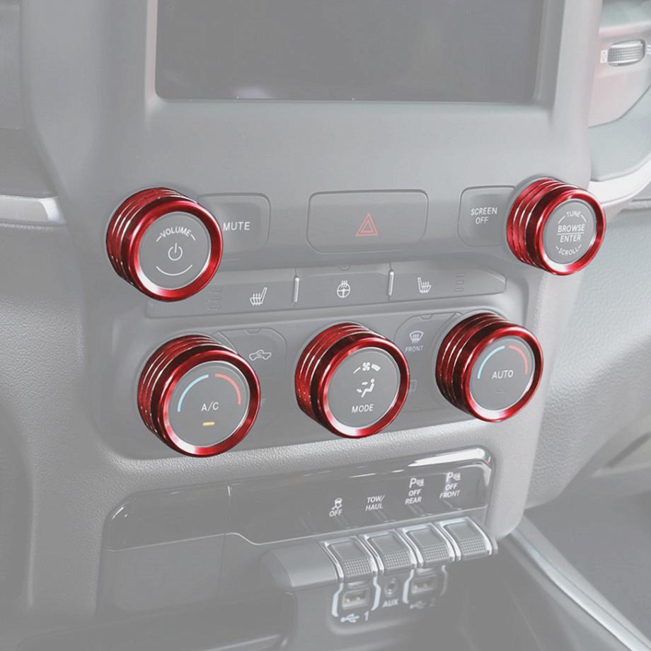 For Dodge Ram 1500 2019-2025 Red Interior A/C Radio Switch Knob Cover Trim Ring