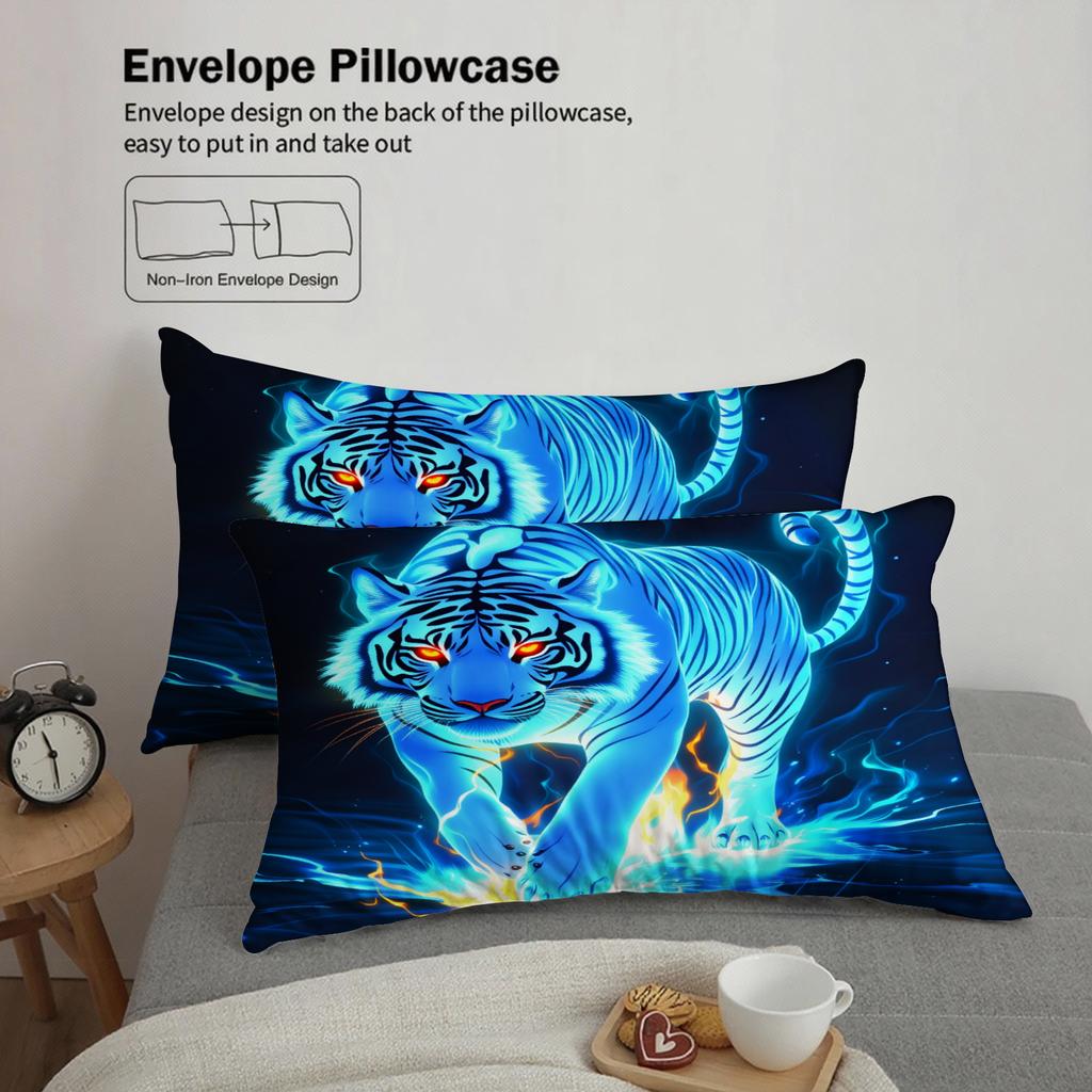 3pcs Tiger Bedding Sets 3D Printed Blue Flame Tiger Breathable Easy Care Duvet Cover Sets With Pillowcases No Filling