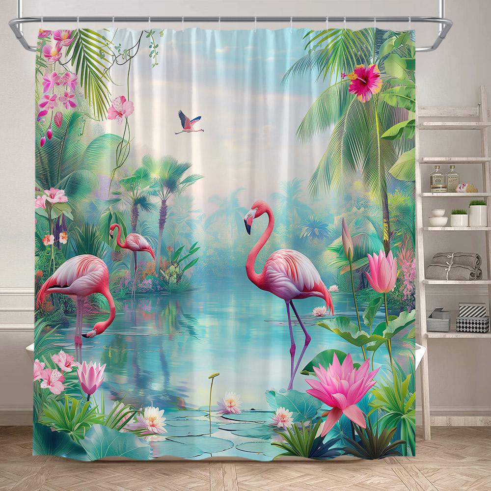 Shower Curtain, Tropical Flamingo Jungle Waterproof Polyester Bathroom Curtain With Hooks, Palm Tree Lotus Flower Decor Bath Cur