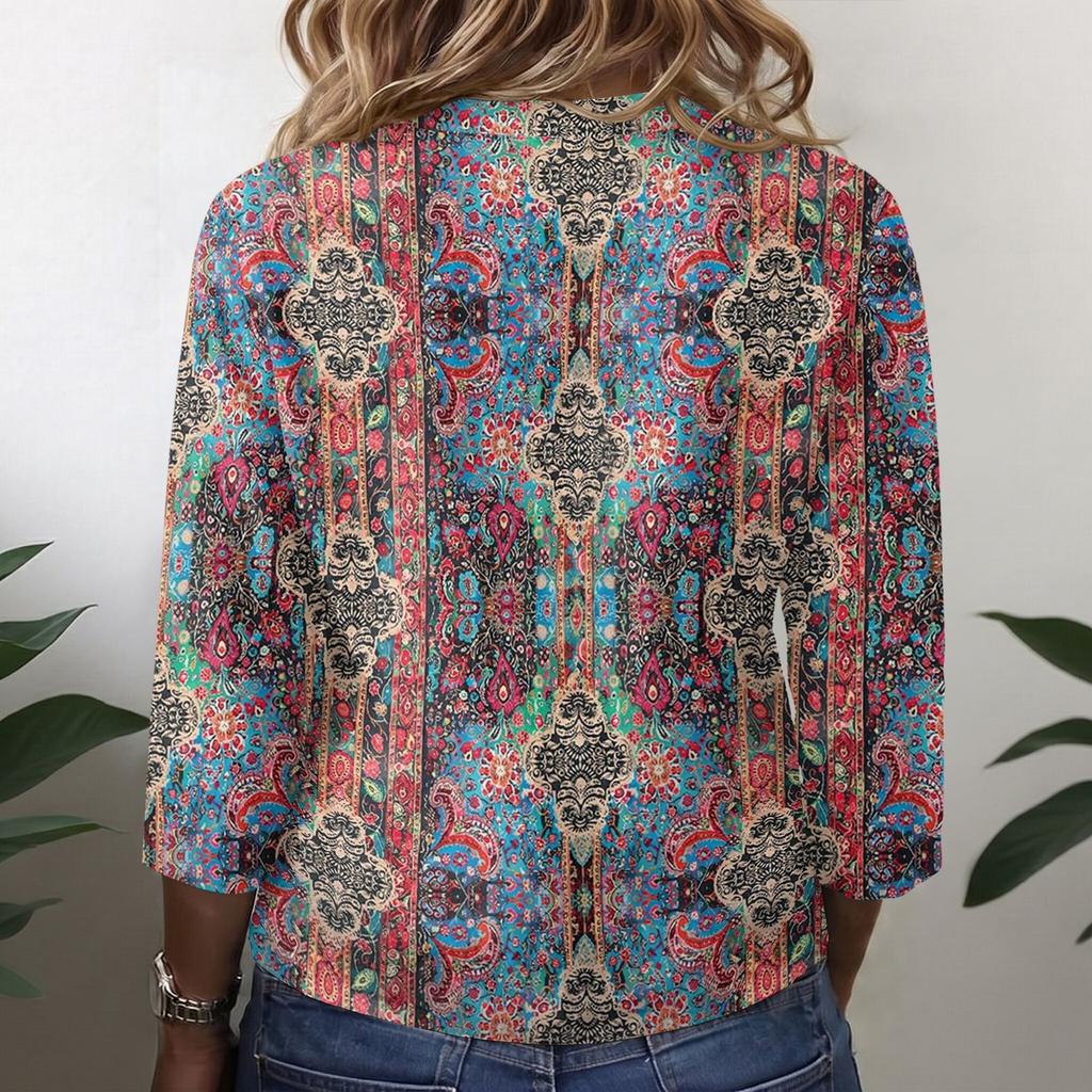 Camicia da Donna Vintage con Stampa Floreale Henley Collo a Bottoni Manica 3/4 in Misto Cotone Lino Top Casual Vestibilità Larga per l'Uso Quotidiano