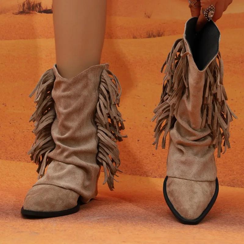 Fashion Pointed Toe Tassel Womens 2025 New Fall Winter All-match Pant Leg Boots Vintage Suede Booties
