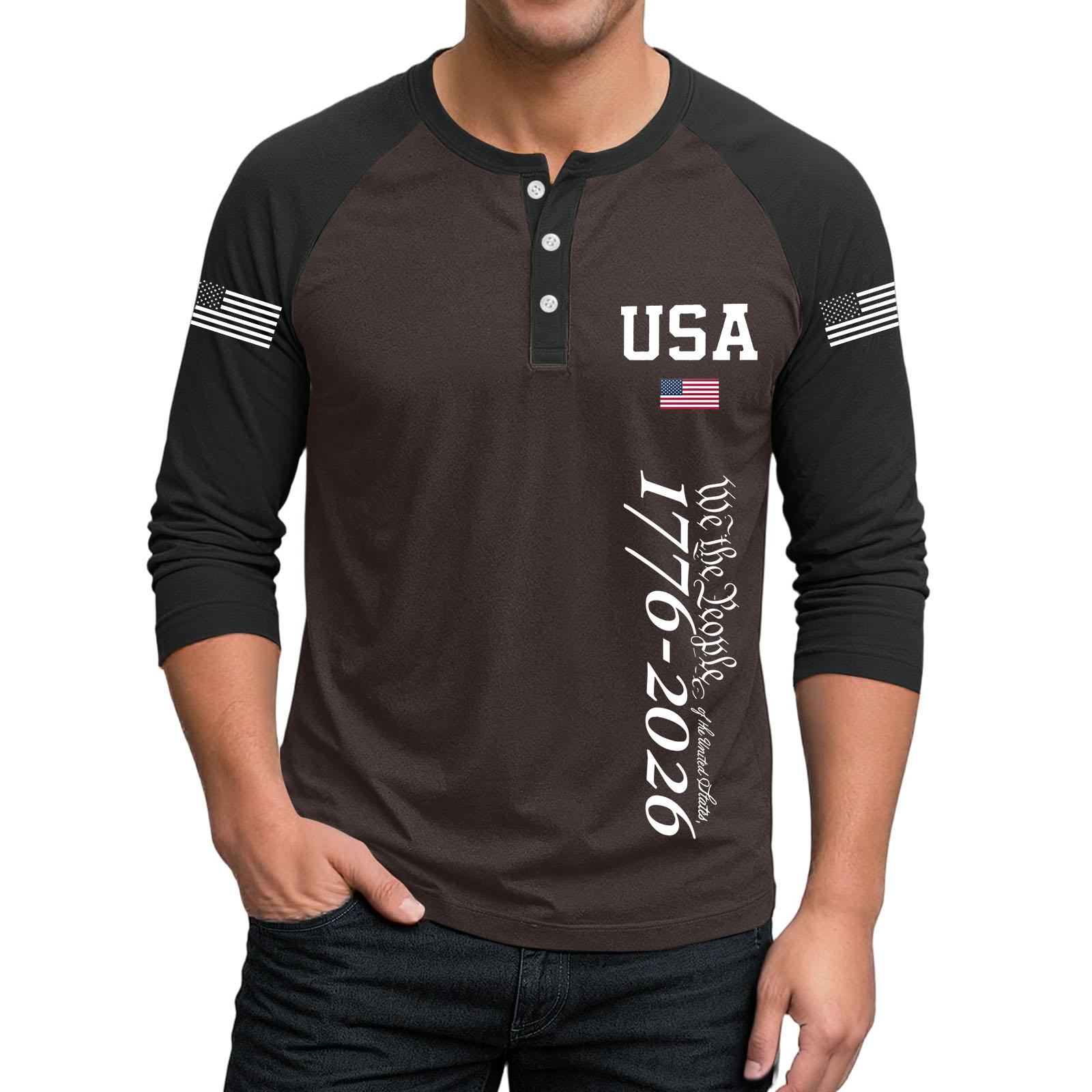 Mens Long Sleeve Henley Shirt with USA Letter Print and Flag Graphic Casual Button Neck Baseball Style Top S