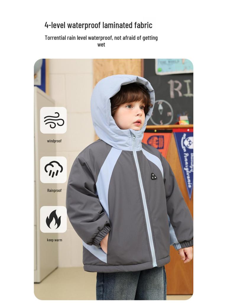 2025 New Boys' Color Block Waterproof Hooded Cotton Jacket with Fleece