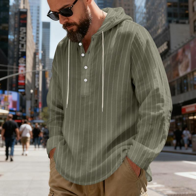2026 New Striped Linen Long-Sleeve Shirt for Men, Spring and Autumn Casual Hooded Sweatshirt S армия зеленый