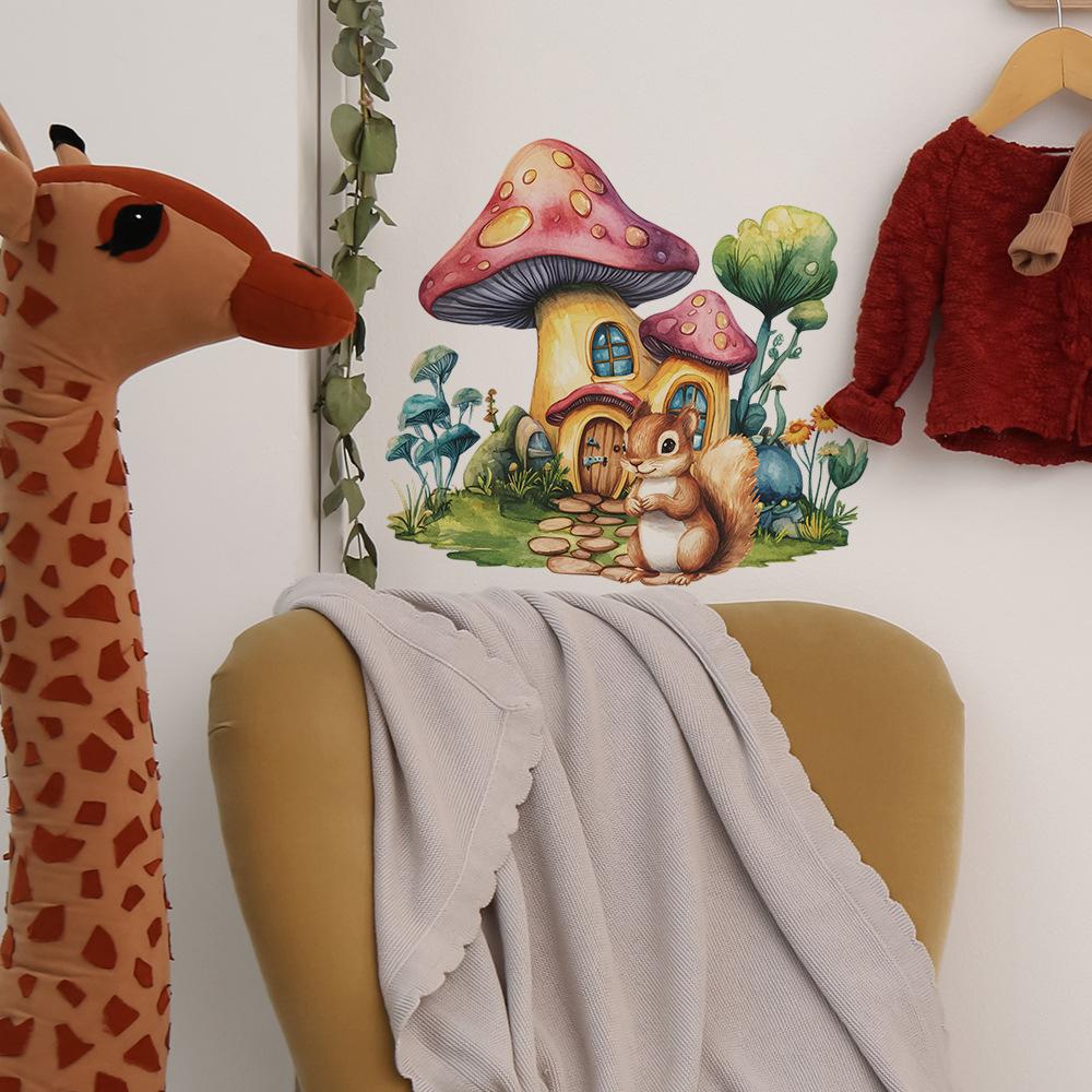 Mushroom House Squirrel Wall Sticker Self-Adhesive Removable for Bedroom Living Room Hallway Closet Dorm Home Decor Art