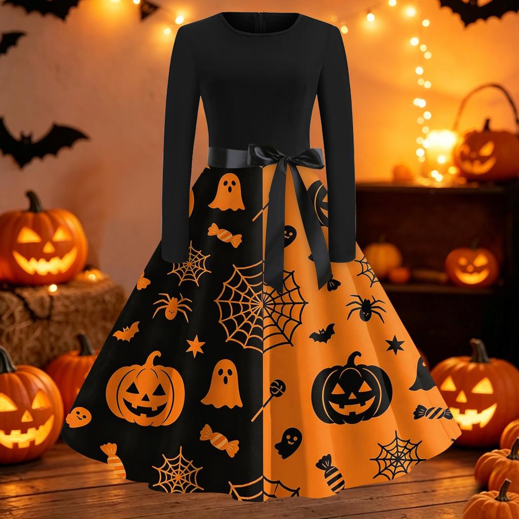 Women's Casual Long Sleeve Fit and Flare Dress Round Neck Halloween Print Full Skirt Midi Dress with Waist Tie for Everyday Wear