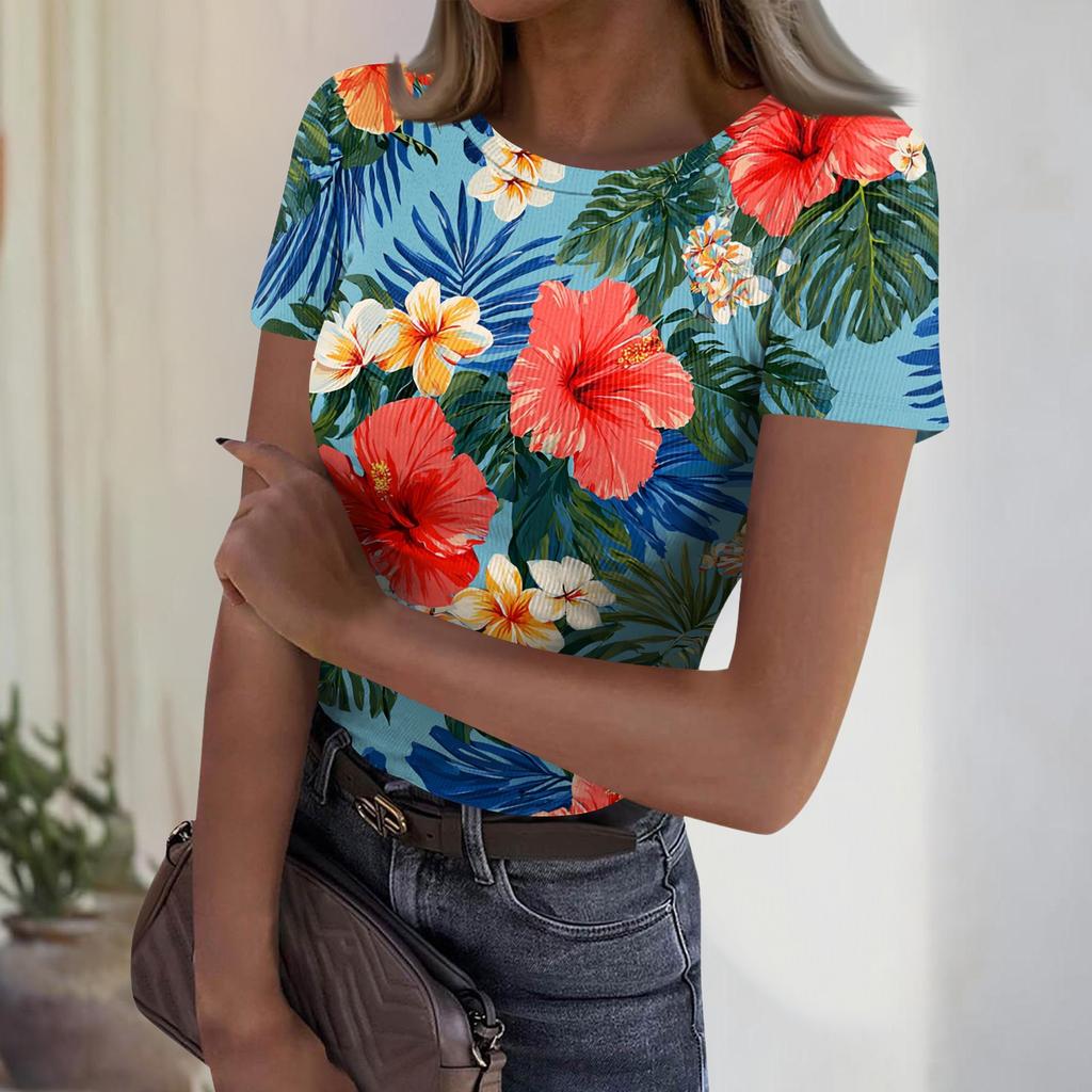Women's Casual Fashion Round Neck Hawaiian Print Short Sleeve Ribbed Top