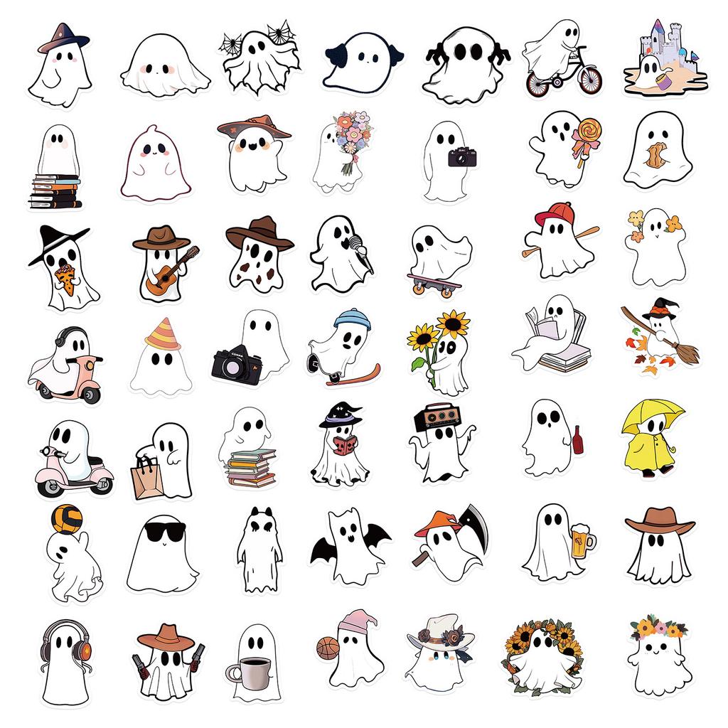 Mixed Color PVC Oblong Self-adhesive Halloween Horror Ghost Cartoon Stickers, Single Use,with DIY Decorations for Party Supplies