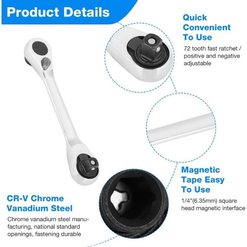 Cheie cu clichet mini cu cap dublu, șurubelniță cu soclu de 1/4 inch, bit de șurubelniță cu eliberare rapidă, cheie cu clichet, scule de mână