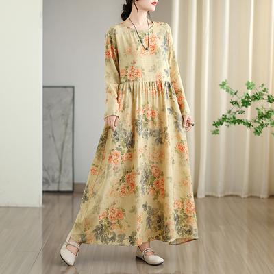 DIMANAF New 2025 Women Plus Size Spring Long Dress Loose Basic Vintage Oversize Long Sleeve Maxi Floral