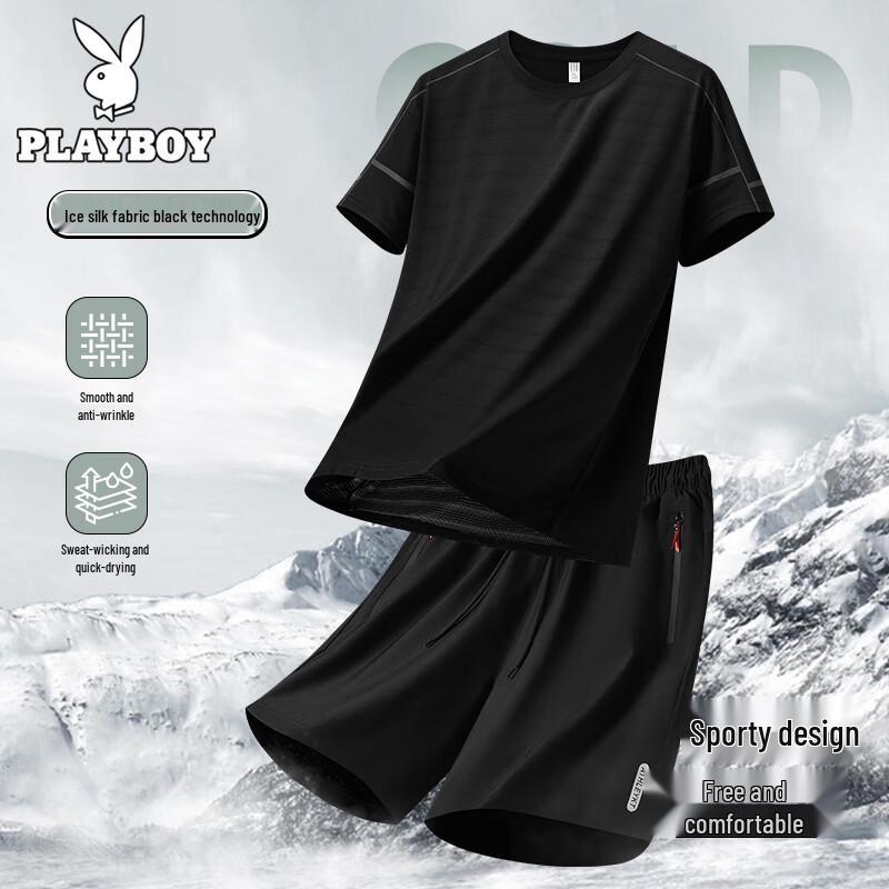 Playboy Men s Ice Silk Sports T-Shirt & Shorts Set XL