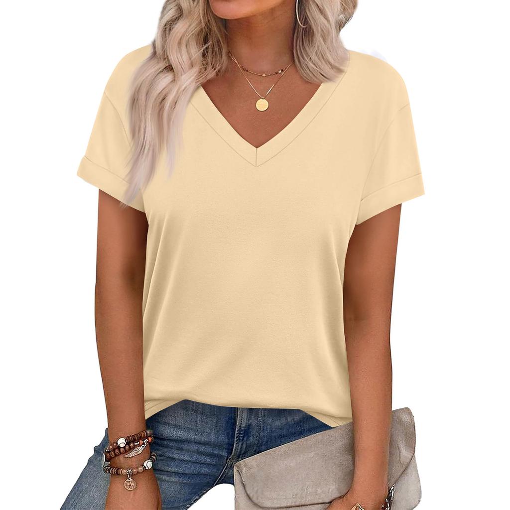 Women's Casual V Neck Short Sleeve Top Relaxed Fit Lightweight Soft Fabric Comfortable Daily Wear Summer Spring Blouse