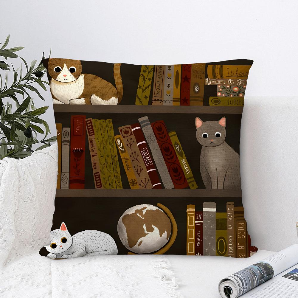 Cat in Library Painting Pillow Case Plush Fabric Soft  Pillowcase Double Sided Print Cushion Cover Household Gifts