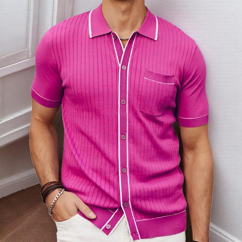 

Men s Short Sleeve Knit Cardigan with White Trim and Chest Pocket 3XL рожевий червоний колір