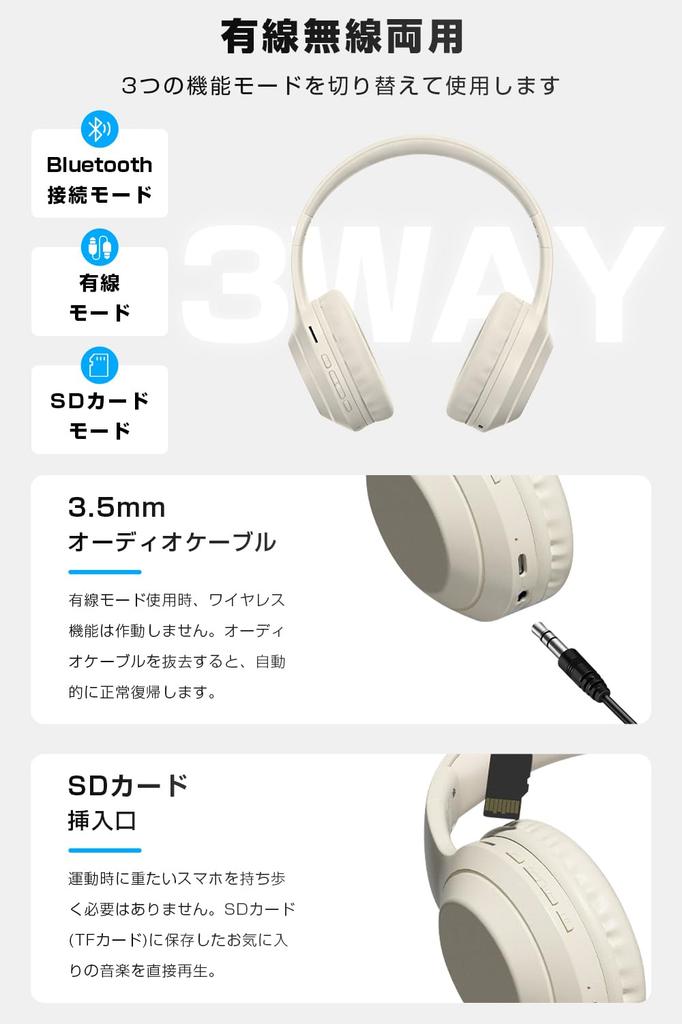 Bluetooth 6.1 Wireless Headphones, Wired & Wireless Dual-Use, Over-Ear, SD Card Compatible, 23 Hours Music Playback, Khaki
