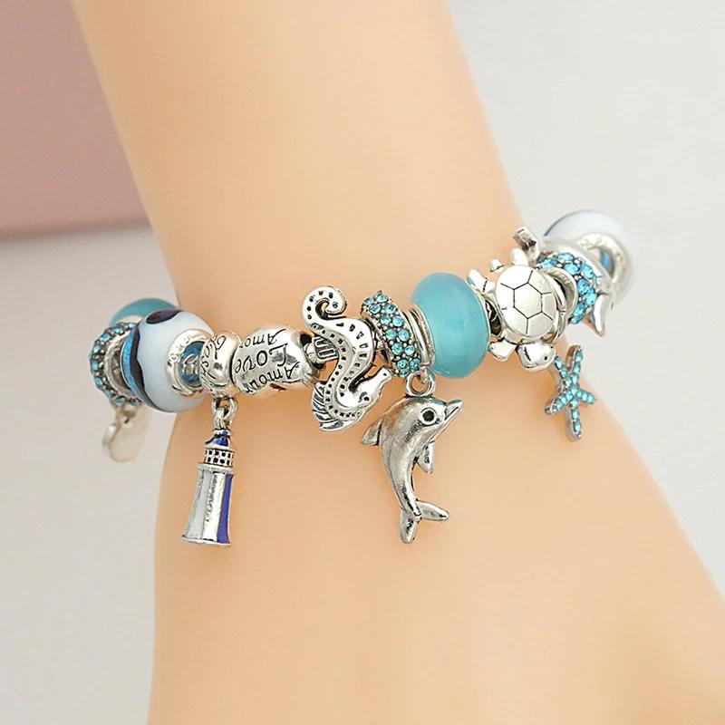 Klassisches Design Delfin-Charm-Armbänder und Armreifen für Frauen, Schmuckgeschenk, blaues Murano-Kristallglas, DIY-Perlenarmbänder