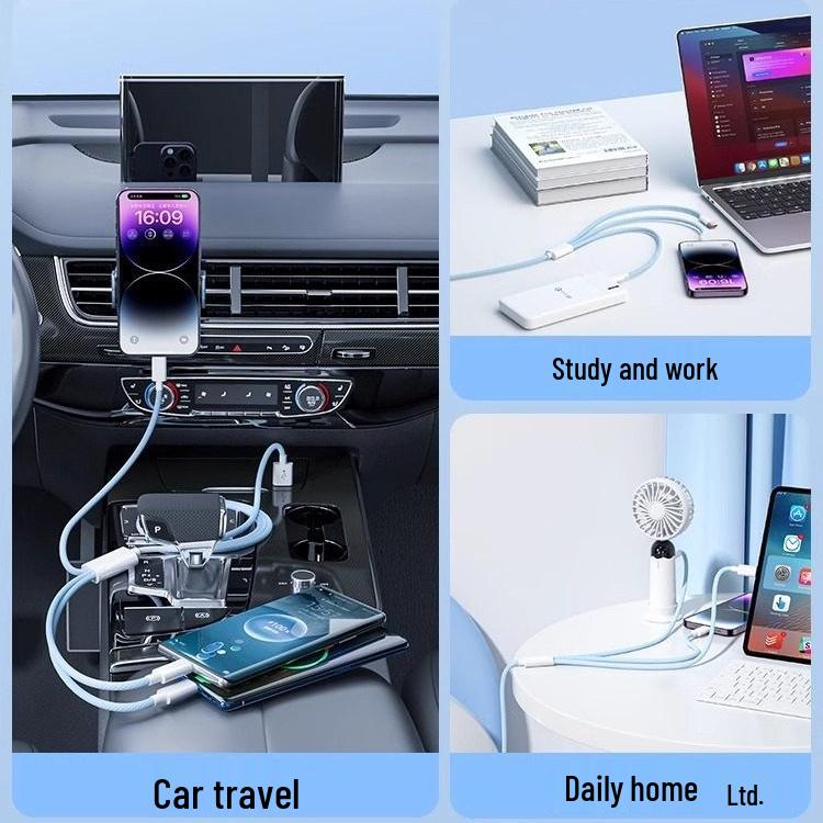 Andmai 100W Multi-Head Fast Charging Cable, Compatible with Apple, Three-in-One Design for Car Use.