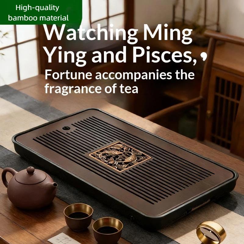 Double-Layer Wooden Tea Tray Engraved Floral Rectangular Food Safe Wood Tray Ideal for Home Tea Party Gifting Occasions