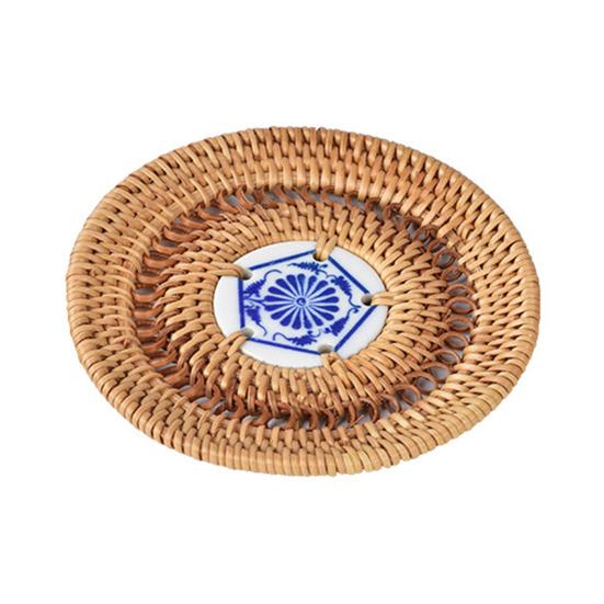 Handmade Rattan Coasters Heat Insulation Pads Kitchen Table Mats with Ceramic Inlay Decorative Placemats for Dining Room Bar