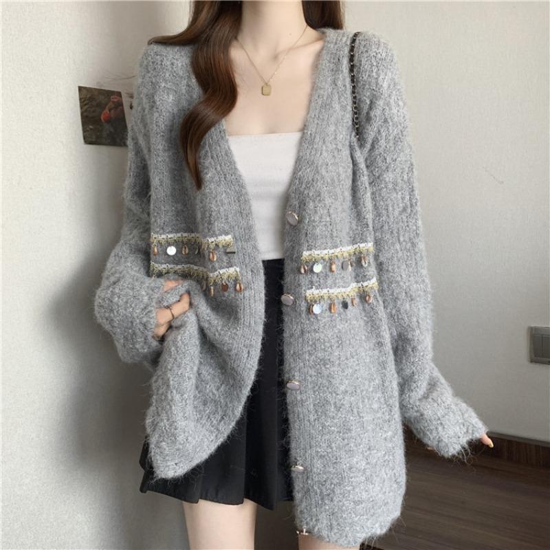 

Женский свитер-жакет с пайетками и V-образным вырезом, осень-зима 2025, вязаный кардиган, мягкий топ OneSize серый