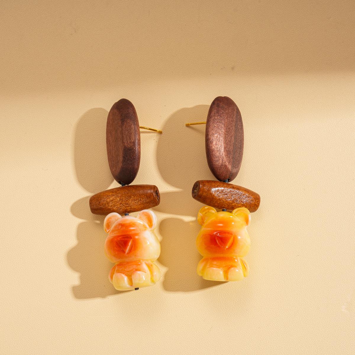Wood Resin Bear Geometric Oval Silver Needle Earrings Bohemian Vintage Earrings