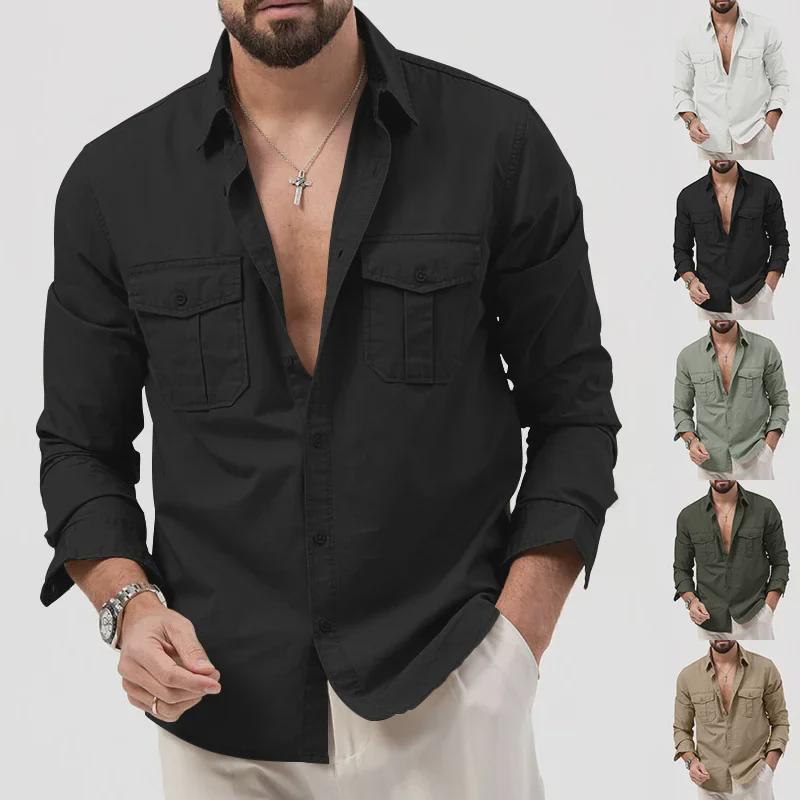 2024 New European & American Men's Multi-Pocket Casual Long-Sleeved Shirts