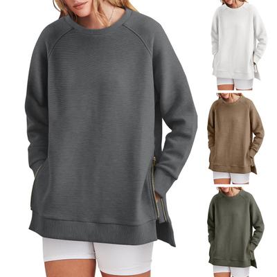 Felpa da donna con cerniera, orlo a fessura, girocollo, lunghezza media, ampia, monocolore, polsini ed orlo elasticizzati, pendolare, sport, outdoor, pullover