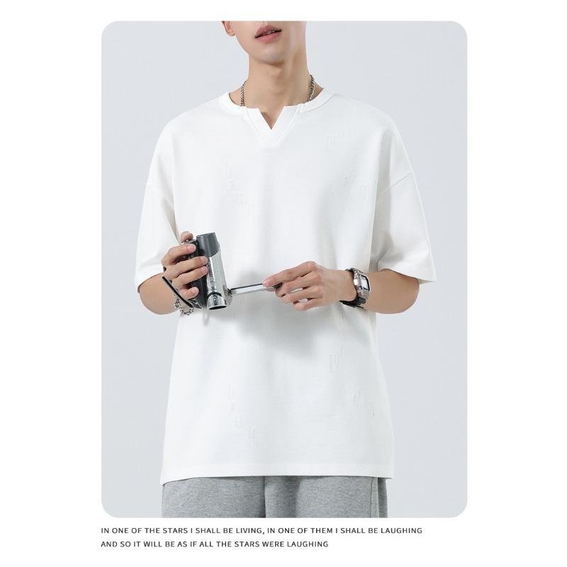 Men Notch Neck Solid T Shirt Short Sleeve Loose Casual Distressed Texture Daily Street Summer Basic Top
