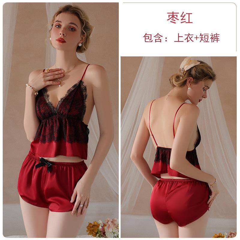 Women's Satin Lace Deep V Cami Top Shorts 2 Piece Pajama Set