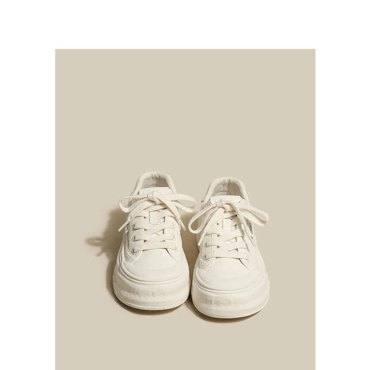 

Белые туфли из натуральной кожи, женские парусиновые кроссовки, студенческие, на толстом растворяющемся каблуке, белые туфли, спортивная обувь на шнуровке для женщин 35 бежевый