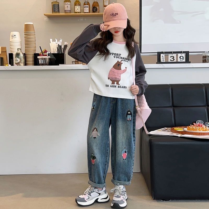 Girls' Jeans Dad's Pants Stylish Embroidery Straight Tube Radish Girls' Big Boys' Harem Pants