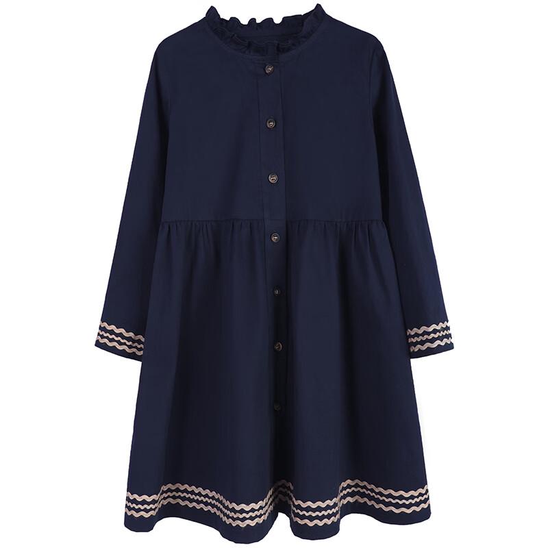 Hacikis Girls' Navy Preppy Style Long Sleeve Cotton Dress