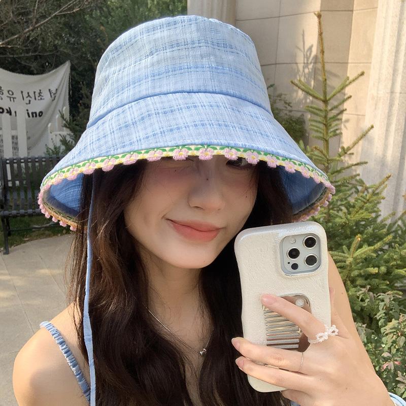 Lace white fisherman hat children spring big head circumference washbasin hat sunshade sunscreen bucket hat