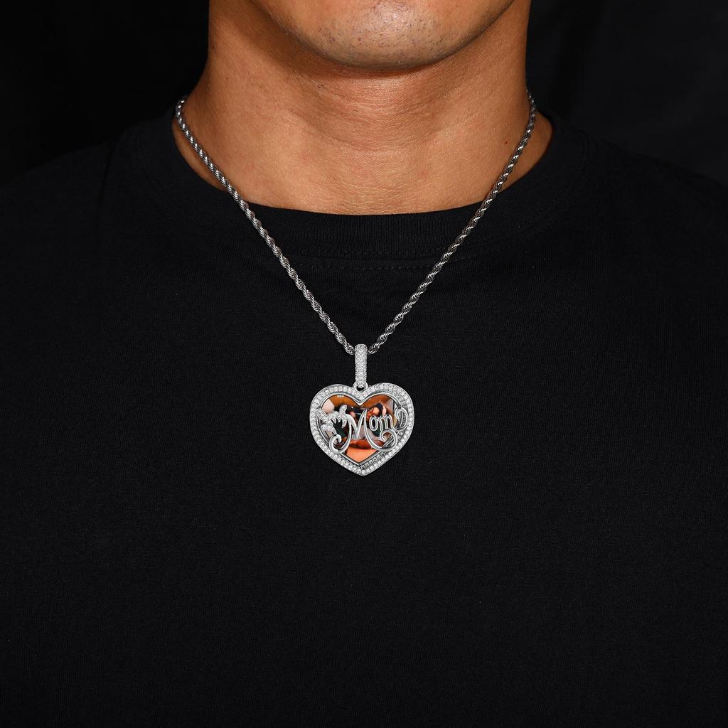 European & American Hip Hop Heart Photo Necklace: Copper Zirconia Pendant with DIY Personalized Heart Frame