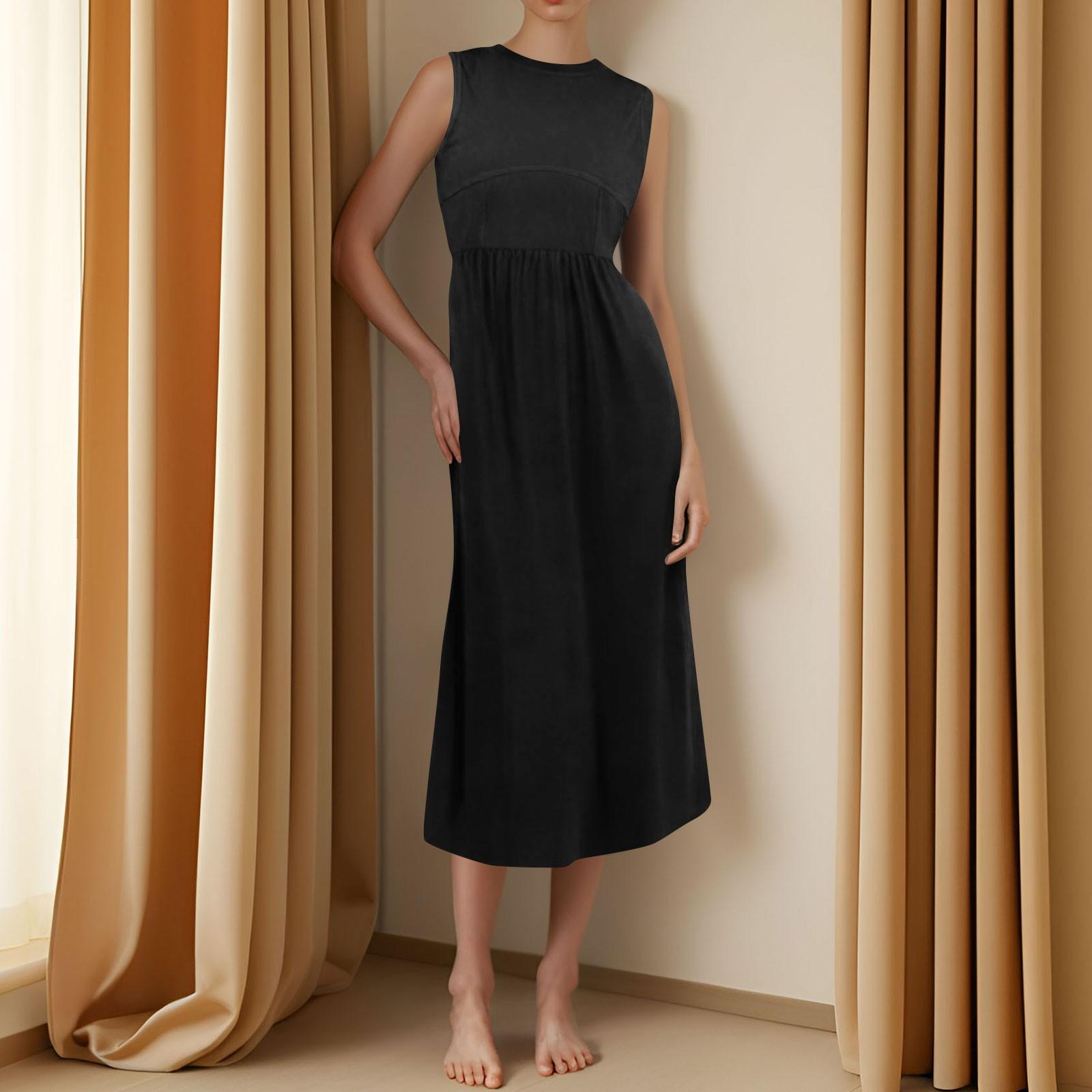 

Women s Casual Fashion Round Neck Sleeveless Solid Irregular Hem Midi Dress M чорний