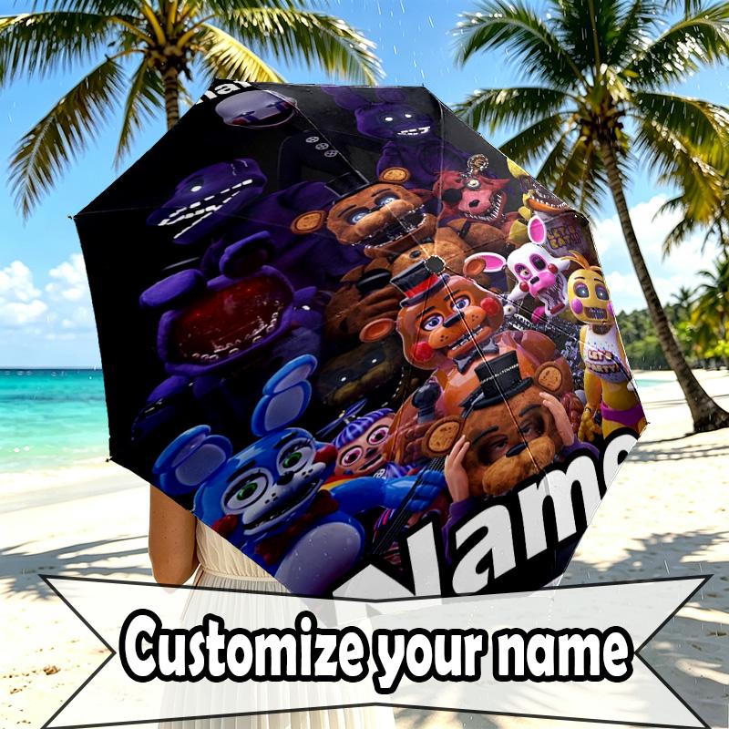 Custom Name Personalized Five Nights at Freddy's Print Umbrella, Auto Open Close, 8‑Rib Sturdy Frame, Commute Camping Hiking Use, Birthday Gift