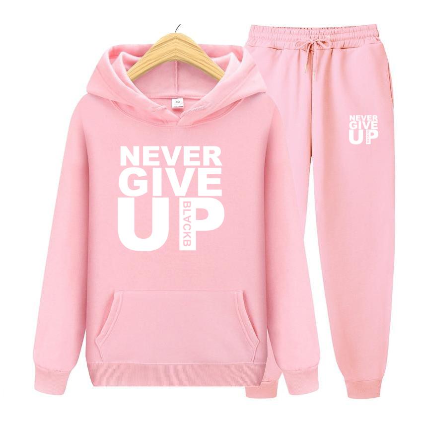 Dame Langermet Hettegenser Sett Hettegensere Sweatshirts Mykt Treningssett Aldri Gi Opp Trykk Topper Streetwear Kvalitet Pullovere