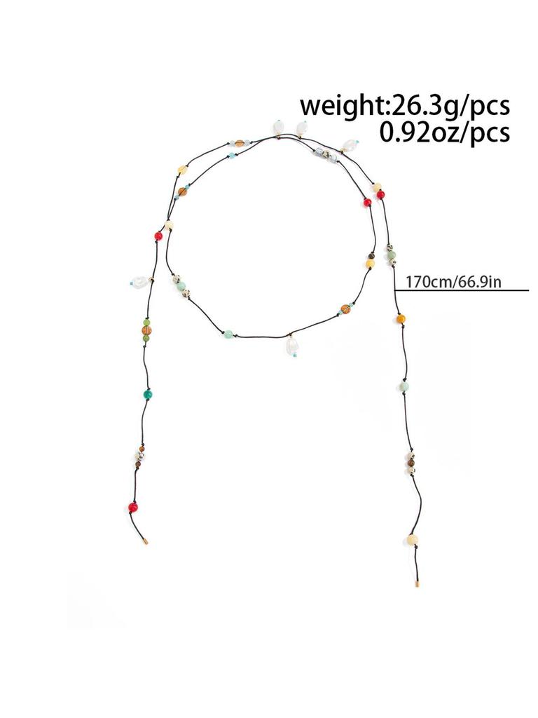 Retro Handmade Y-shaped Necklace with Black Wax Cord, Colored Stones, and Pearls - Fashionable European and American Layered Clavicle Chain.