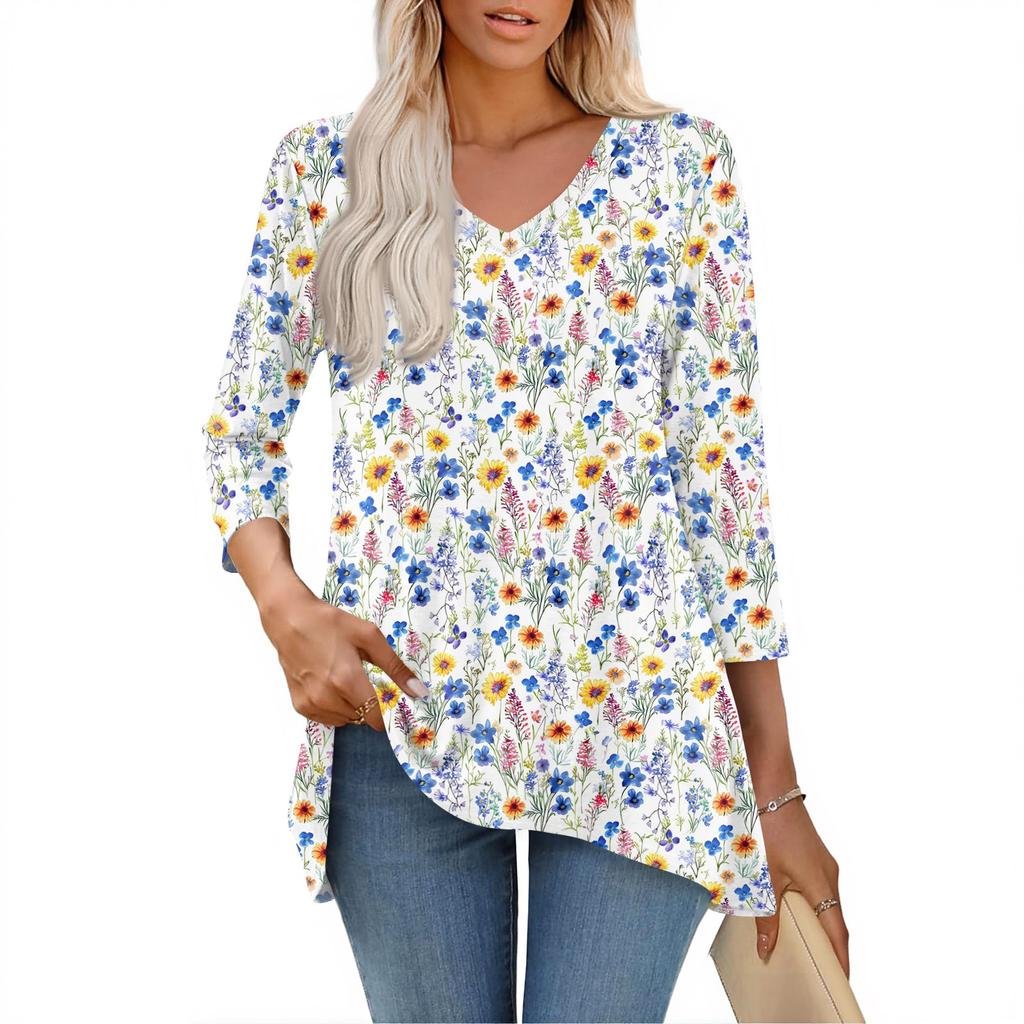 Damskie bluzki z dekoltem w serek i rękawem 3/4, casualowe koszule o średniej długości, modne tuniki z nadrukiem