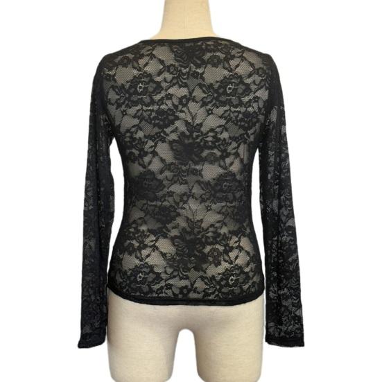 Women Tops V-Neck Long Sleeve See-through Lace Floral Design Pullover Tops Slim Fit Layering Versatile Tops