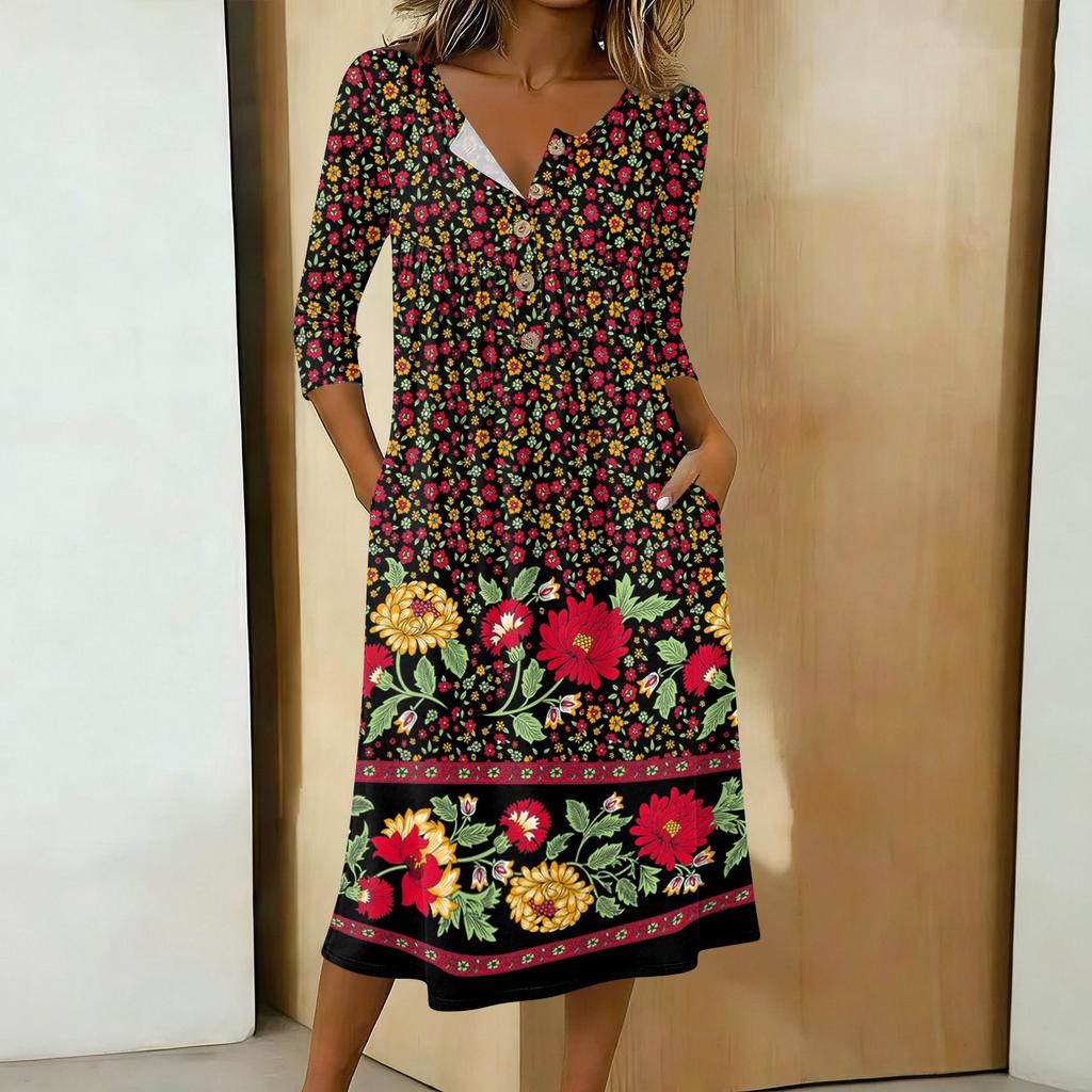 Women's Fashionable Color Printed Round Neck 3/4 Sleeve Button Collar Mid Length Casual Dress