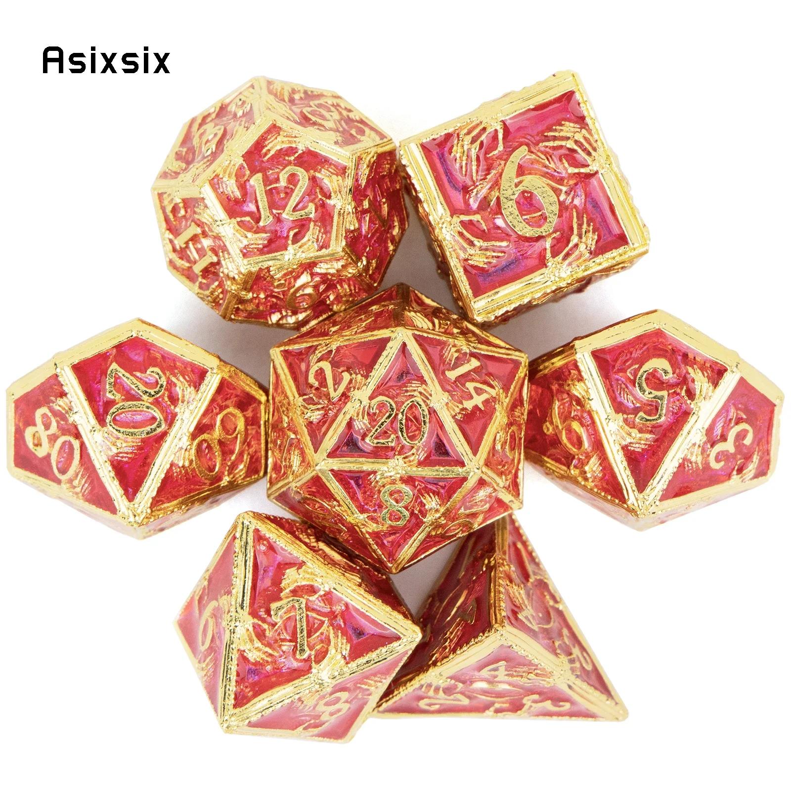 7 Pcs Golden Red Hand Metal Dice Solid Metal Polyhedral Dice Set Suitable For Role-Playing Game