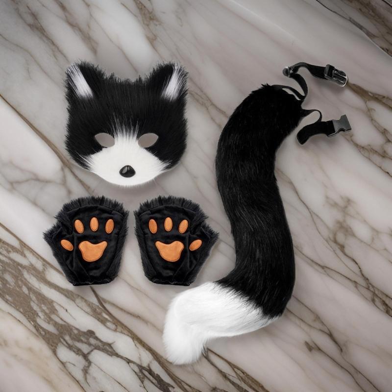 Foxes Tail Furry Gloves Foxes Face Cover Set Soft Animal Tail Foxes Costume Dress Up Set for Halloween Costume Cosplay