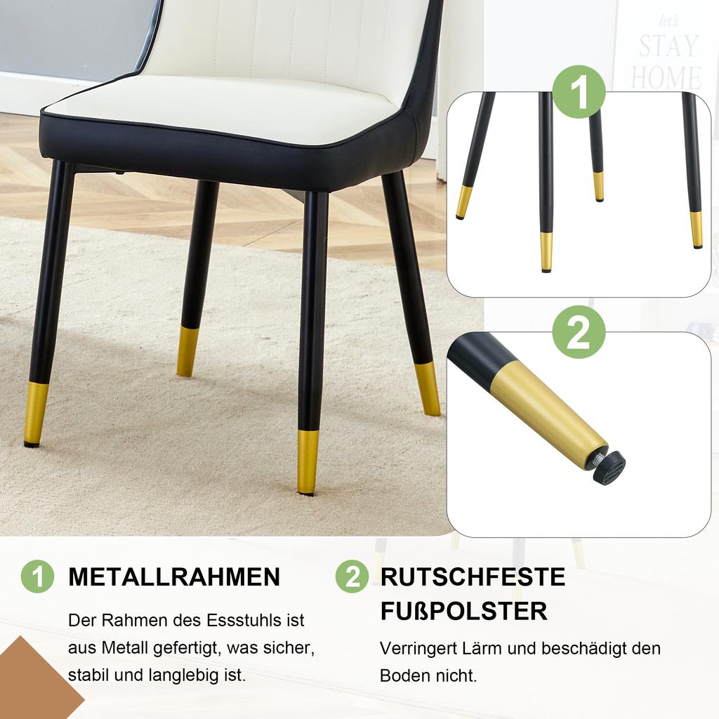 Set of 2 Modern Dining Chairs with PU Leather Backrest in Black-White Combination and Black Metal Legs.