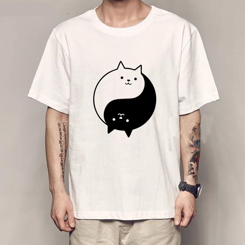 Yin Yang Cats Tshirt Men Vintage T-shirts Japanese Anime Manga Harajuku Fashion O-Neck Streetwear Casual Tops Summer Mens Tshirt