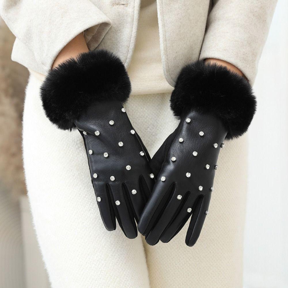 Soft Rhinestone Winter Gloves Plush Women Warm Mittens Gift Pu Leather Gloves  Girls