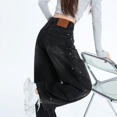 Spring Summer Full Star Rhinestone High Waist Relaxed Saber Cut Slim Straight Floor Sweeping Denim Pants For Ladies Casual Oversize Denim Trousers