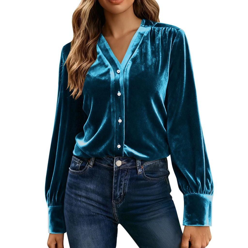 Kadın Gündelik Düğmeli Uzun Kollu Tunik Zarif Kadife Üstler